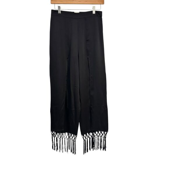 CAMI Black 100% Silk Elastic Waist Side Slit Pants with Tassels Size S - Picture 1 of 10